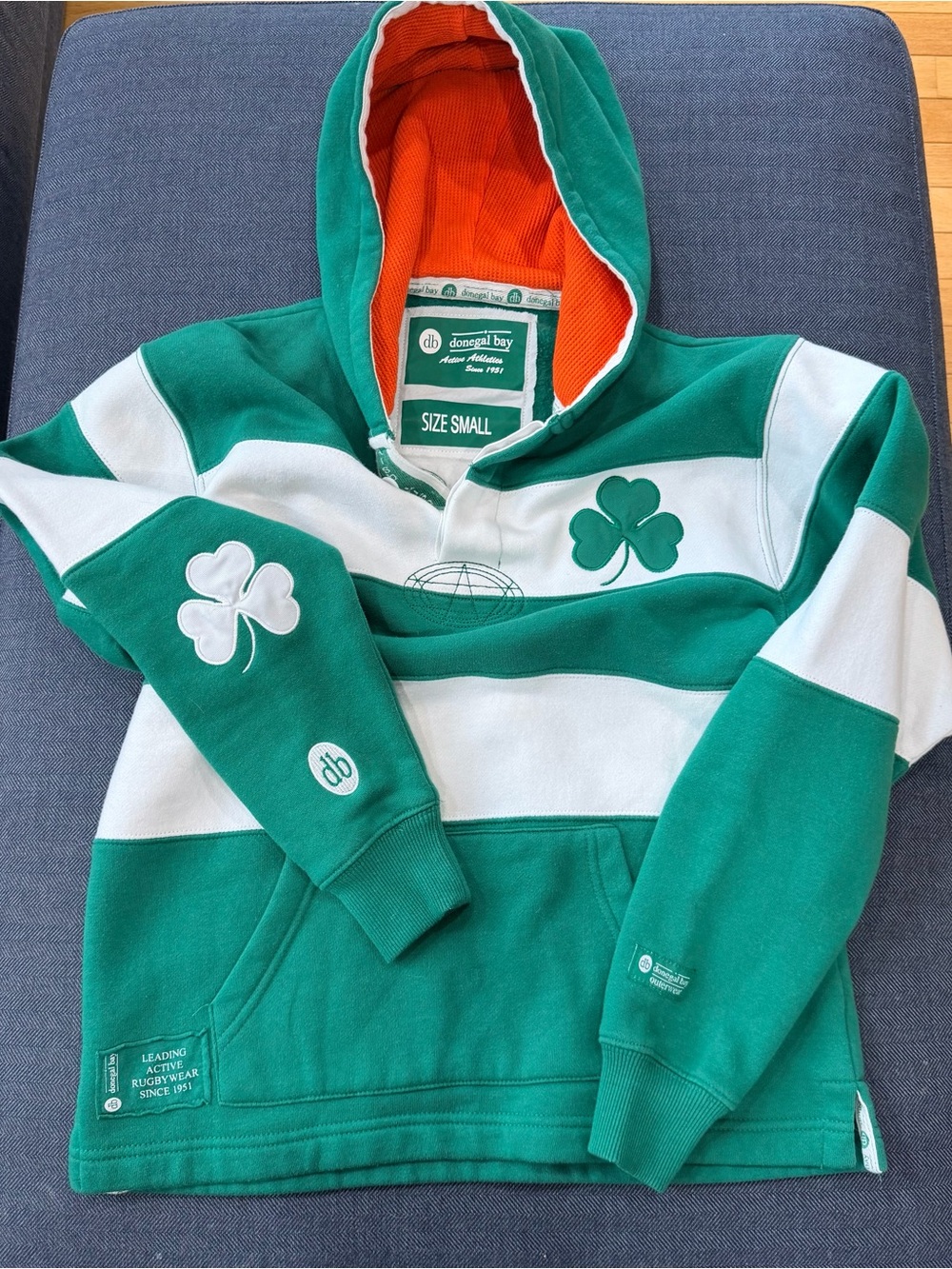 Rare Donegal Bay Green & White Rugby Hoodie From Ireland